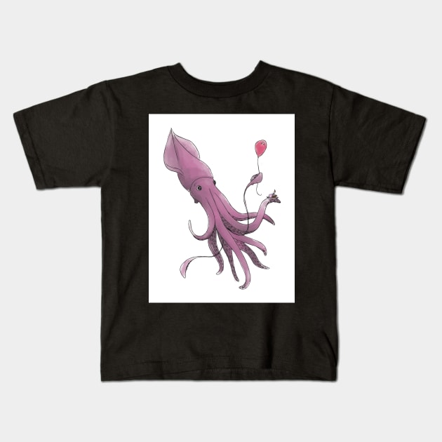 Giant Squid with Cake and Balloon - Happy Birthday Kids T-Shirt by trippyart